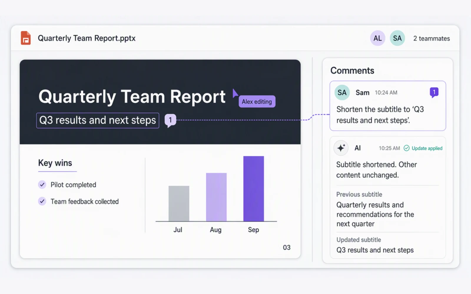 Teammates editing a report slide and leaving comments for AI to apply changes