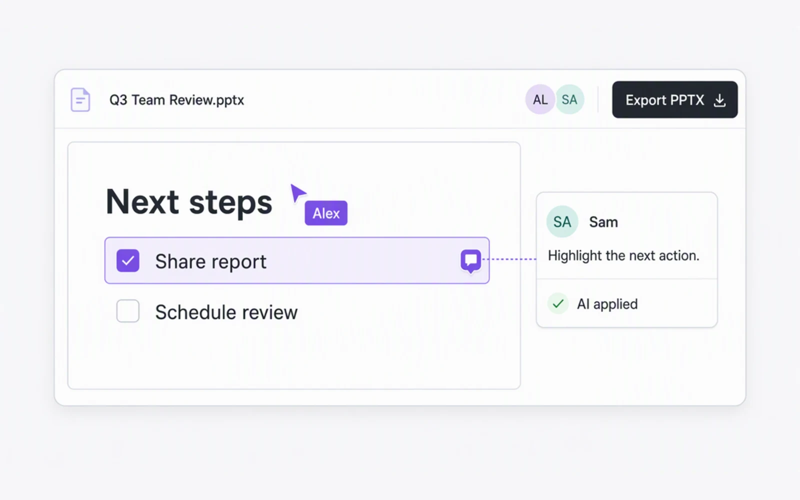 Teammates editing slides and leaving comments for AI to apply changes